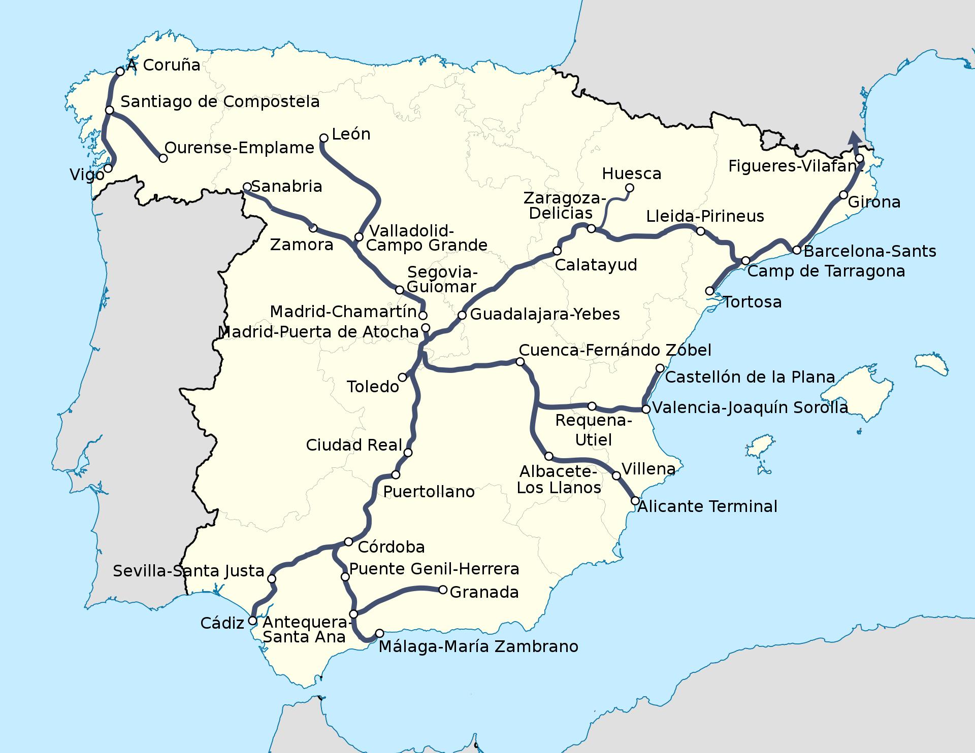 España ave tren mapa - Ave trens de España mapa da ruta (Sur de Europa ...